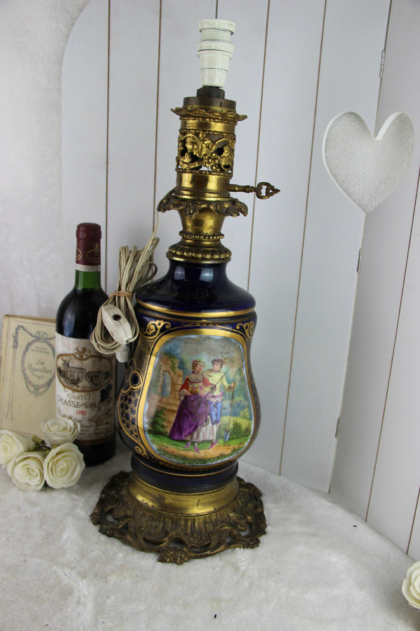 Antique French Limoges blue porcelain oil petrol lamp romantic scene floral