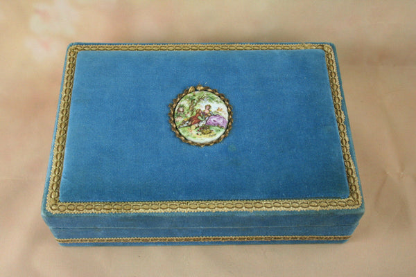 Antique FRENCH fabric box velvet nice color blue with medallion frazarte signed