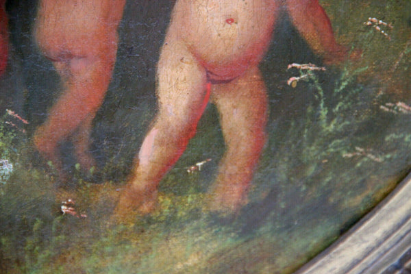 Antique French school oil canvas painting 19thc oval putti cherubs