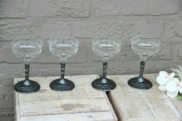 Set 4 Crystal glass Glasses champagne metal silver gilt frame