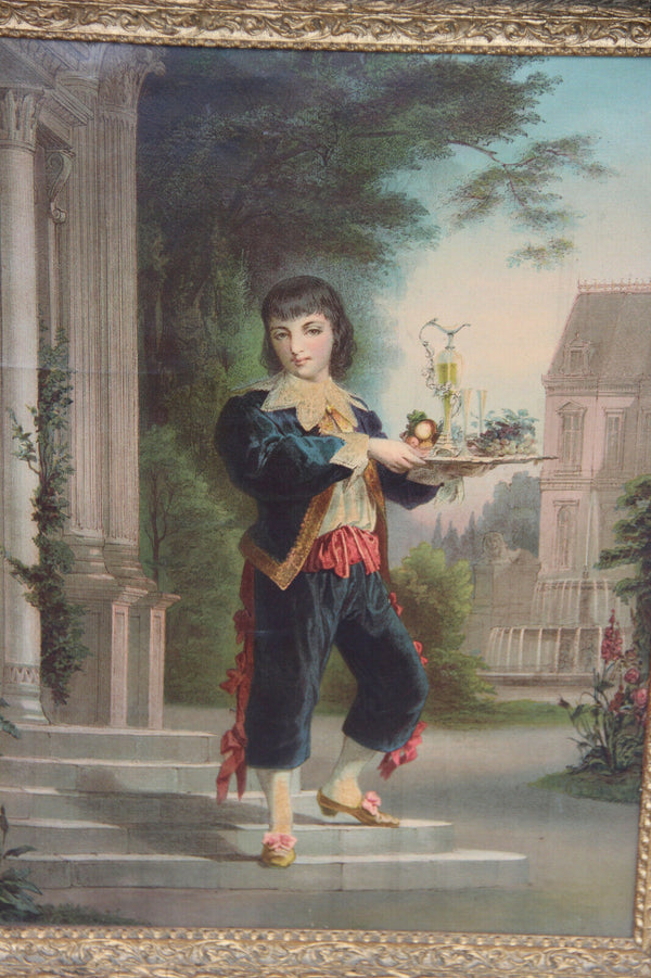 PAIR antique 19thc Chromo Litho Waiter waitress castle aristocratic framed