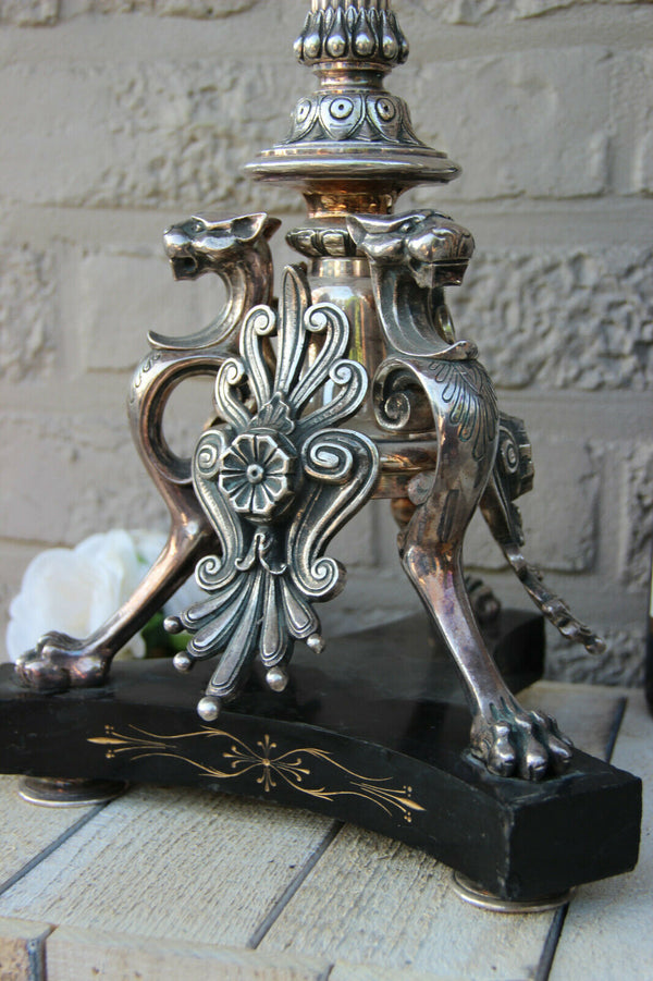 XL PAIR antique French Bronze silver pl  dragon gothic Castle candelabras lamp