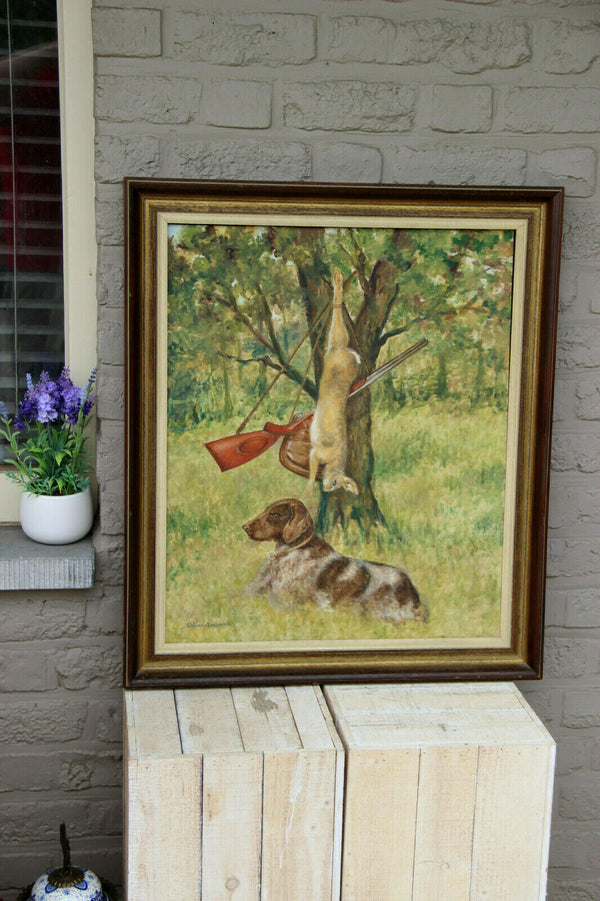 Gorgeous German school oil panel hunting dog trophy rabbit signed