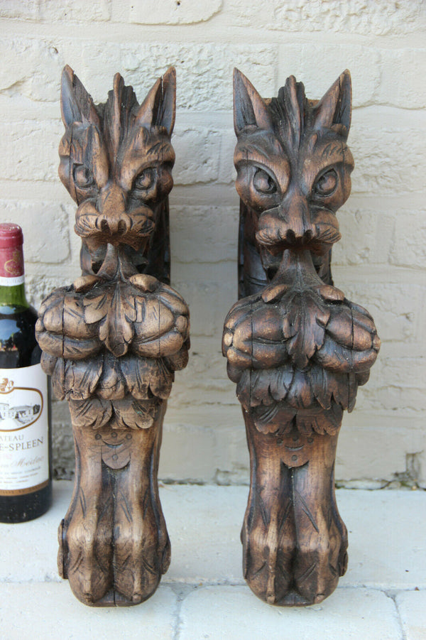 XXL Antique  PAIR oak wood carved hunting table dragon gothic legs figurines n1