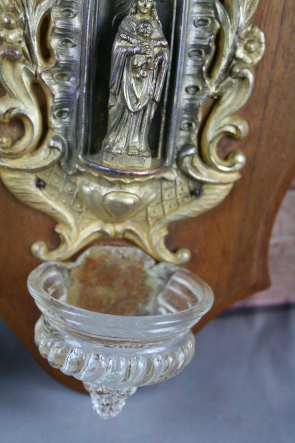 Antique FRench 1900 Brass Bronze Holy water font benitier Louis XV wood plaque