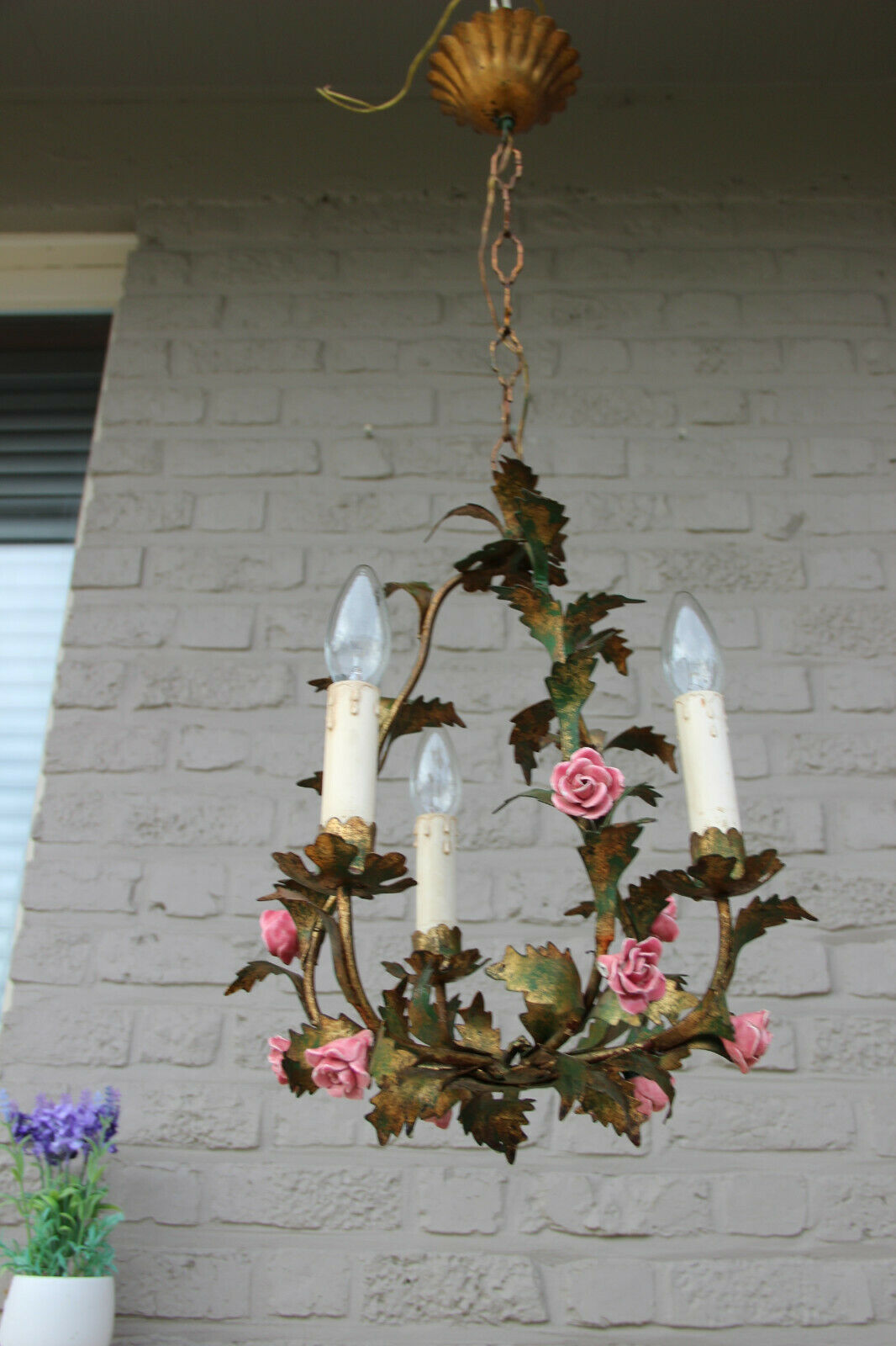 French 1970 MEtal gold gilt chandelier 3 arms majolica roses flowers