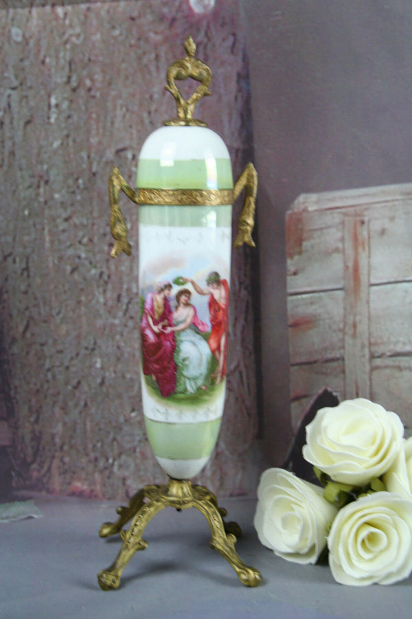 French porcelain VTG Green romantic victorian scene brass base