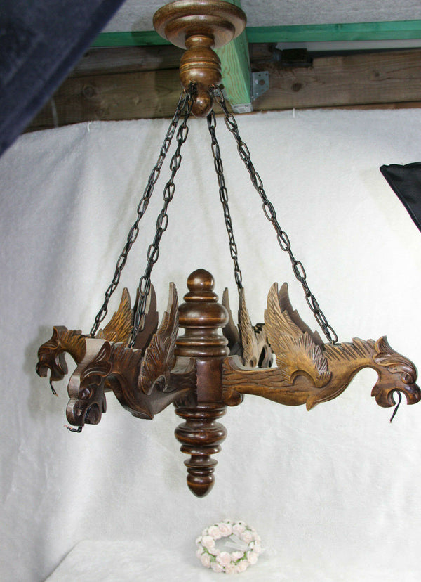 Vintage French Castle gothic 4 Dragon arms Wood carved chandelier pendant