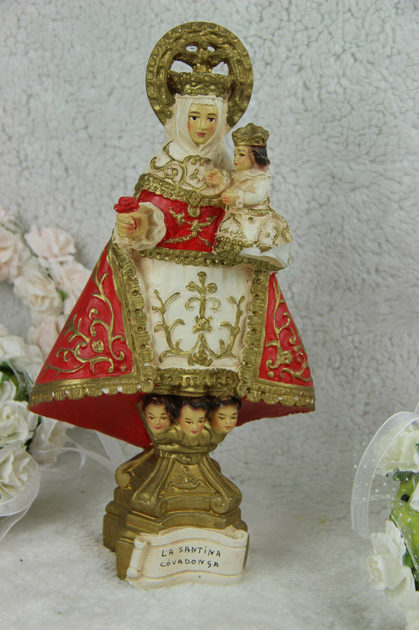 Rare Antique French chalkware MAdonna statue de COVADONGA Spanish putti angels