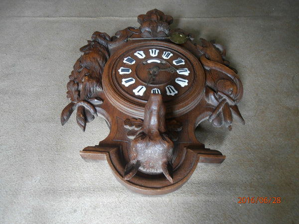 Antique Black forest wood carved hunting trophy clock fish rabbit dog 1900