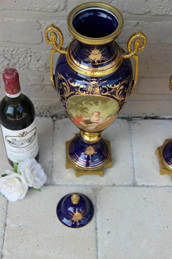 PAIR French Sevres Limoges cobalt blue romantic Scene Vases