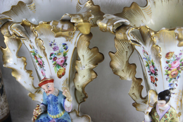 PAIR antique rare Vieux paris Vases japanese figurines geisha floral 19thc