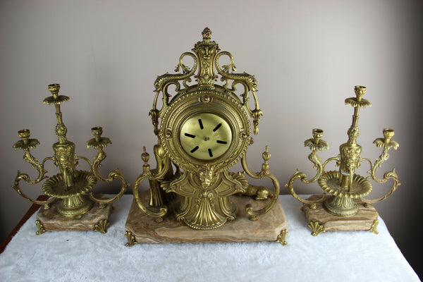 RARE french 1976 marble Lion fountain heads lady dog clock + pair candelabras