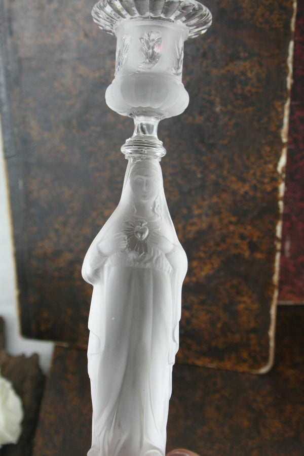 Antique French Religious Glass Madonna Crystal prisms candle holder