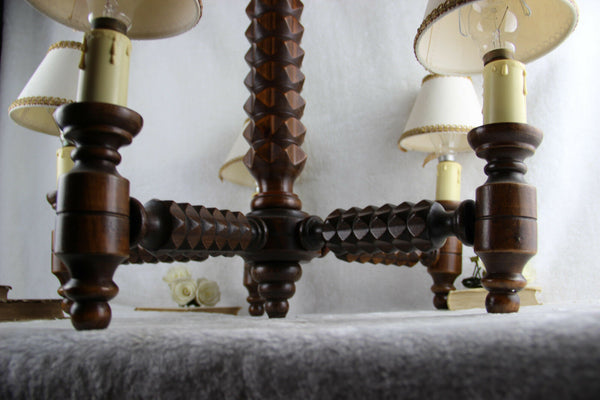 French art deco Wood carved 5 arms chandelier barley twist geometric design rare
