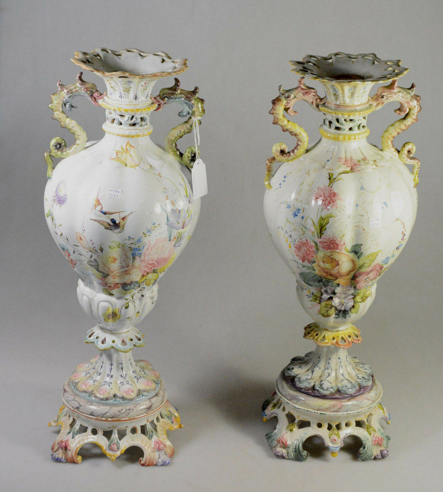 HUGE pair French 1900 marked faience porcelain sea horse dragon vases floral