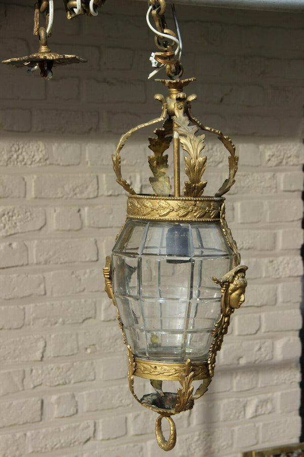 Antique val saint lambert crystal glass caryatid bronze heads lantern chandelier