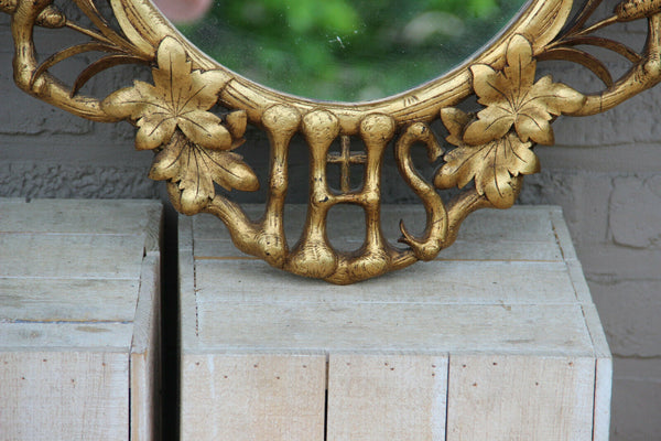 Rare Antique French Religious church IHS symbol cross Mirror wood gold gilt