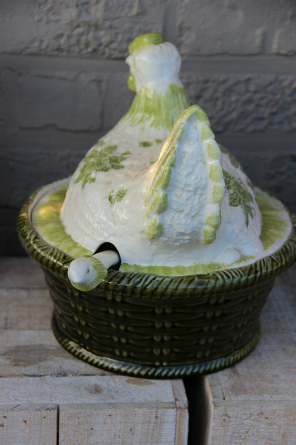 Vintage French large porcelain Barbotine Chicken soup tureen spoon salad