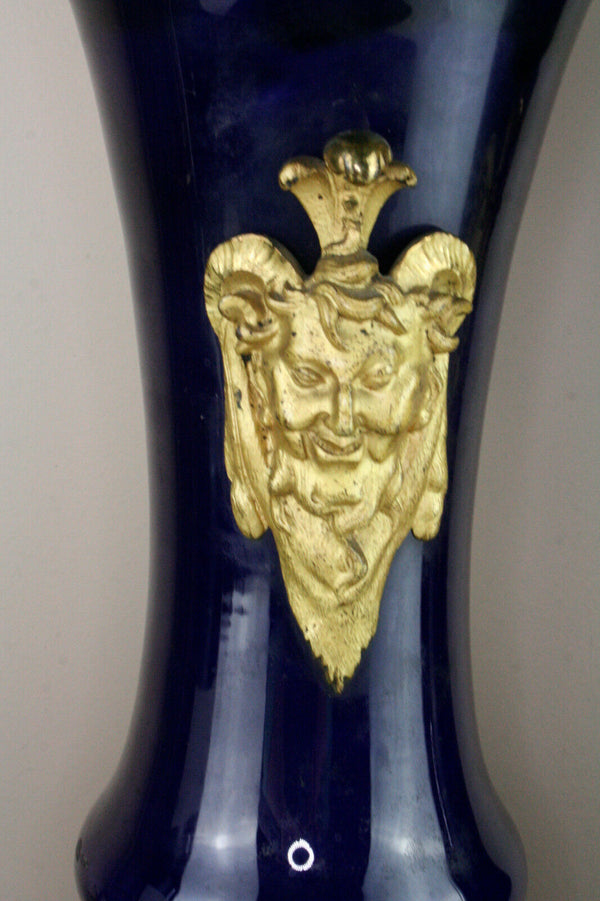 Antique French blue Faience satyr devil heads Vases mounted lamps 1900