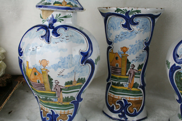RARE antique dutch Mantle garniture Set 5 Pottery Delft polychrome Vases