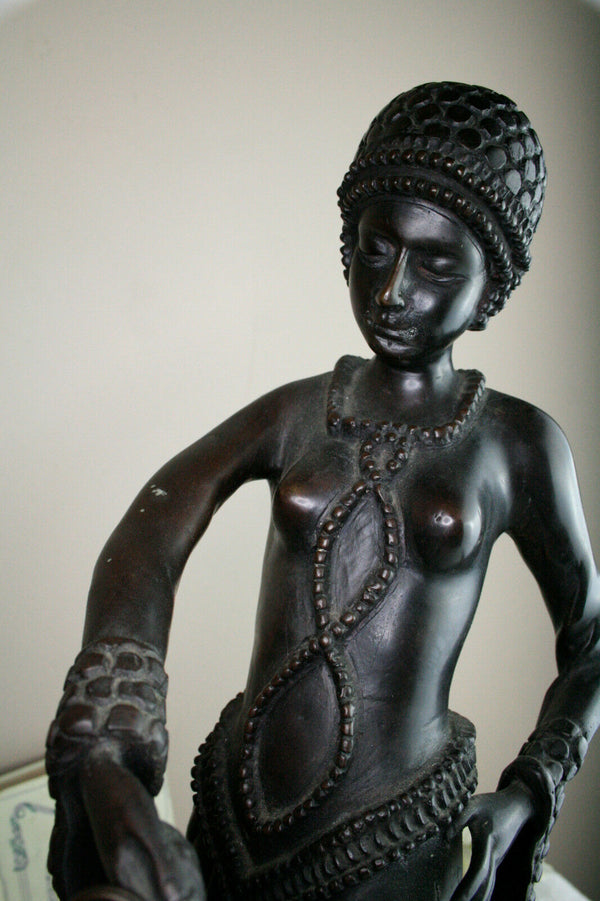 Huge XL Bronze 1930 Art deco lady statue dogs leash on marble base