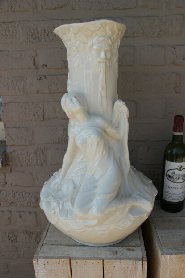 MAjestical French art nouveau porcelain white Lady nymph Satyr head floral Vase