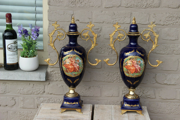 PAIR french vintage cobalt blue limoges porcelain victorian scene vases 1960