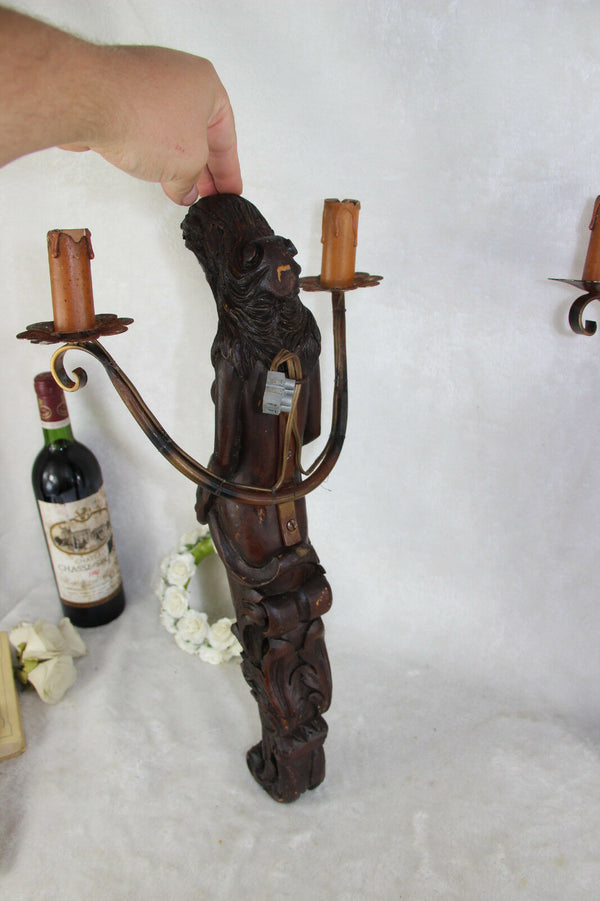 PAIR Vtg french art nouveau naked lady Caryatid Wall lights sconces wood patina