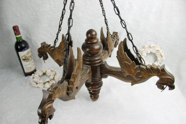 Vintage French Castle gothic 4 Dragon arms Wood carved chandelier pendant