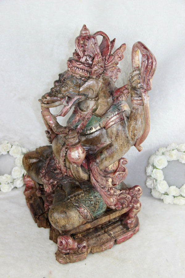 RareLarge Antique Wood carved polychrome GANESHA figurine statue god hindu