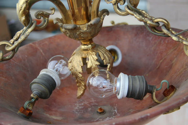 Vintage French Alabaster amber Bowl Chandelier Bronze brass 1960
