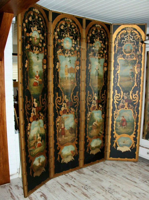 Antique XL French folk art 4 season putti animal Childs hand paint Room screen