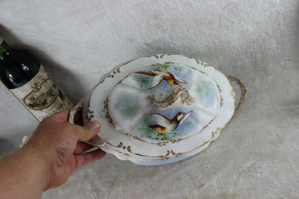 French limoges marked porcelain bird pheasant tableware salad bowl signed