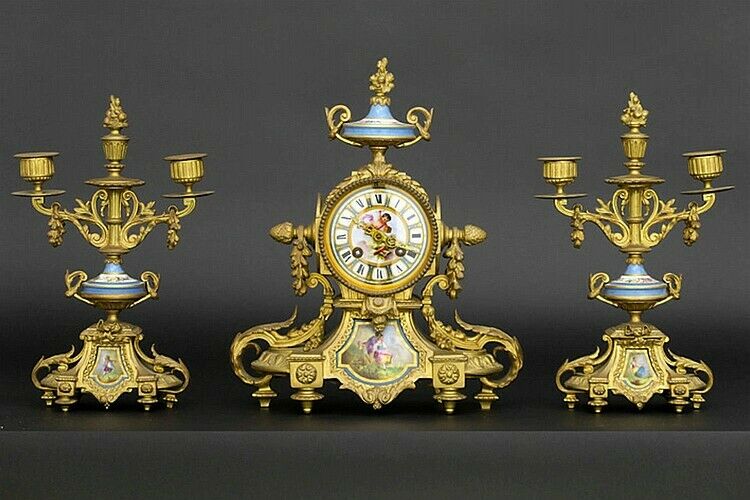 Antique 1860 SEVRES porcelain putti floral plaques clock set candlelabras