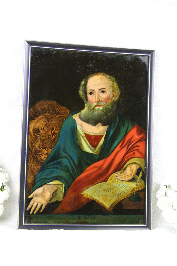 Antique 1880 religious Eglomise reversed mirror painting evangelist Mark Marcus