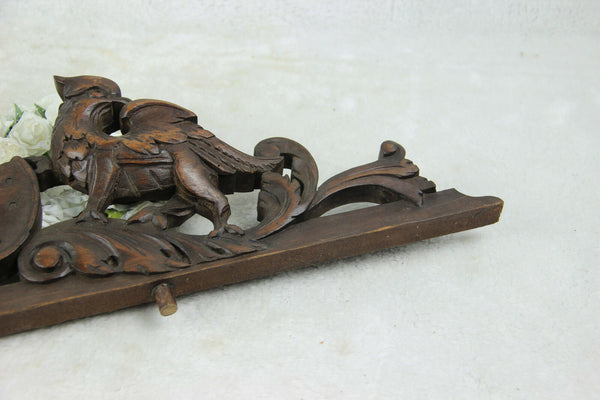 Antique large French pediment fronton wood carved gothic phenix dragon birds