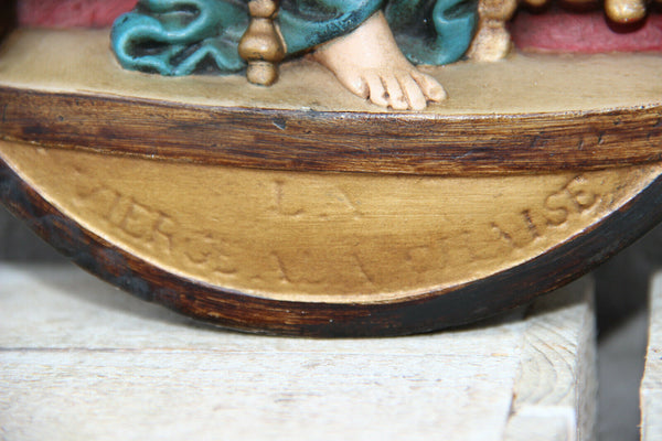 Antique chalkware polychrome hand paint wall panel relief madonna  religious