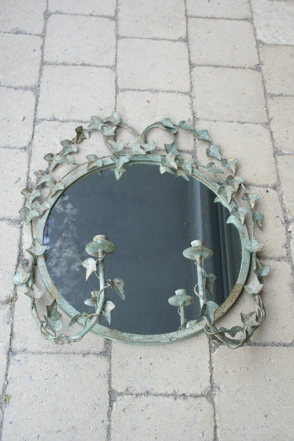 French antique 1930 Metal leaves art nouveau glass mirror with candle holders