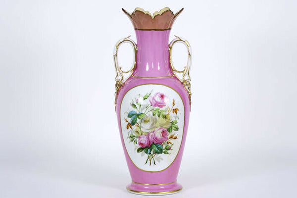 Huge Antique French vieux paris porcelain hand paint Vase pink