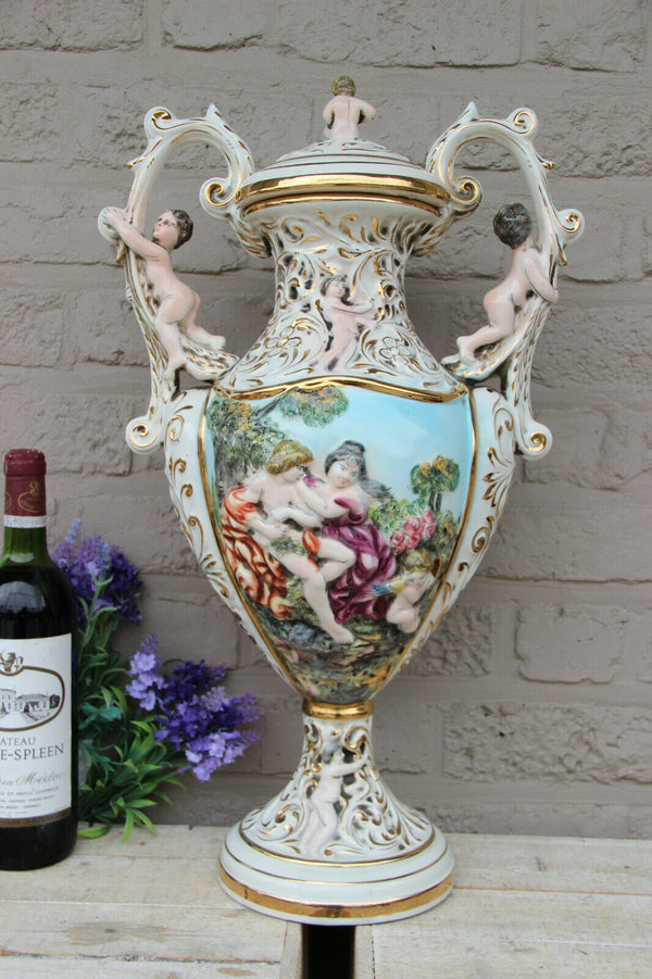 Huge Rare italian capodimonte marked porcelain Vase putti nymph scene