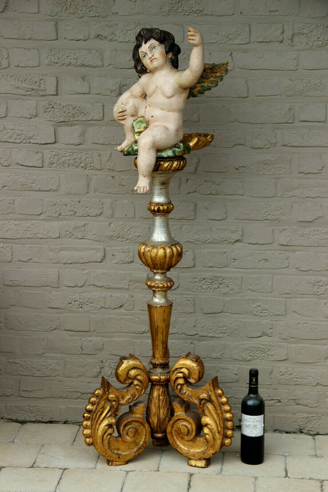 XXL Antique Italian church wood carved  putti angel holy water font statue