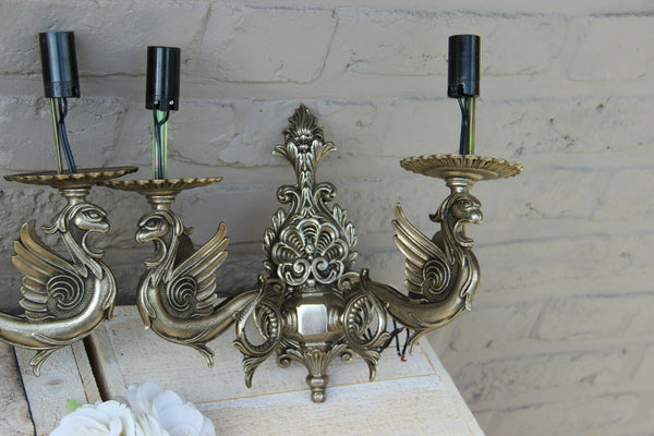 PAIR vintage Brass silver patina Dragon gothic castle sconces wall lights 1960