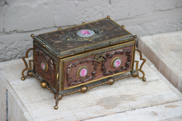 Vintage French Wood carved brass box knight medaillons plaques