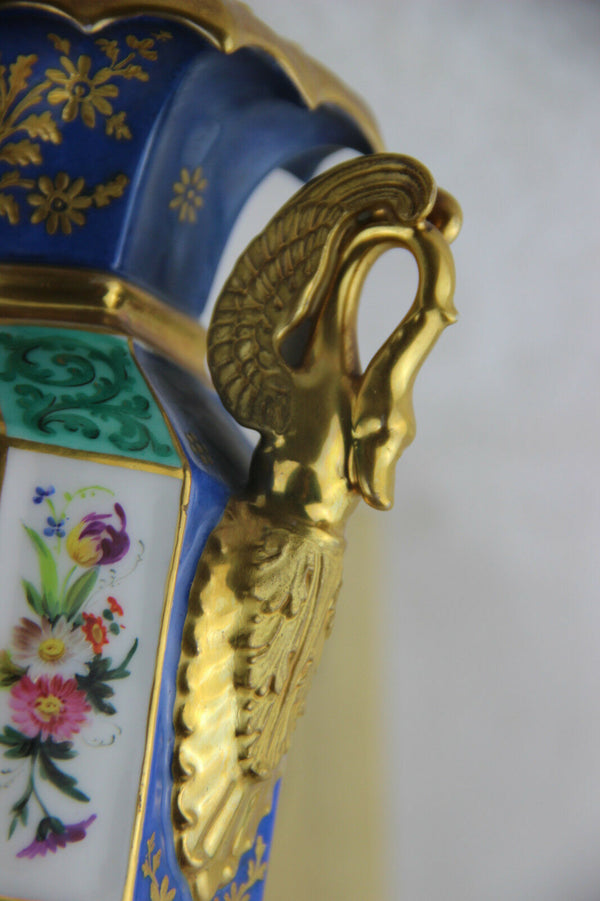 RARE PAIR antique 19thc Vieux paris porcelain scenes floral  Vases swan handles