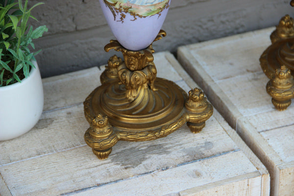 PAIR antique French Faience porcelain Lady figurine portrait Vases soft pastel