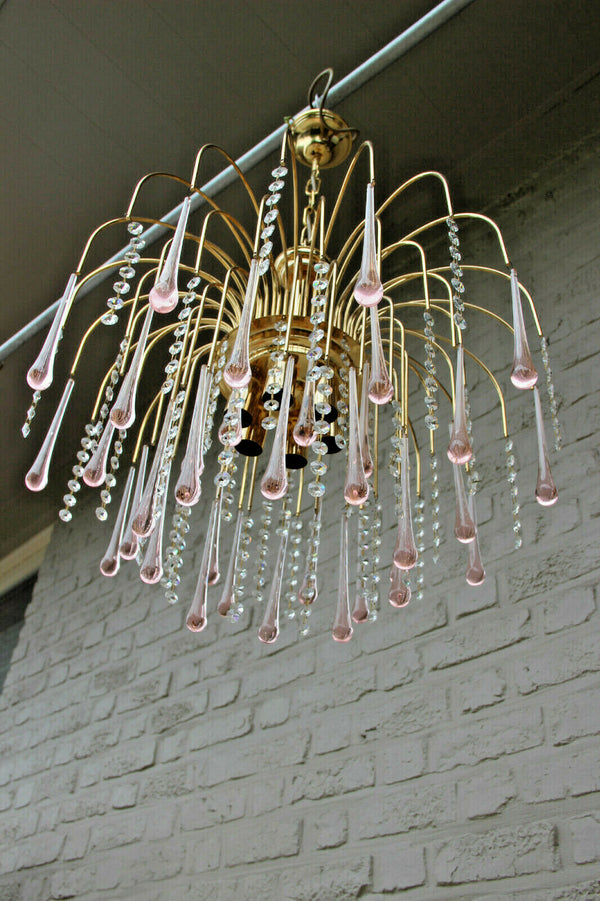 Vintage italian Mid century Murano drops pink clear glass Chandelier 1970 n1