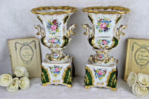 PAIR old gorgeous vieux paris porcelain Vases floral decor marked 1950's