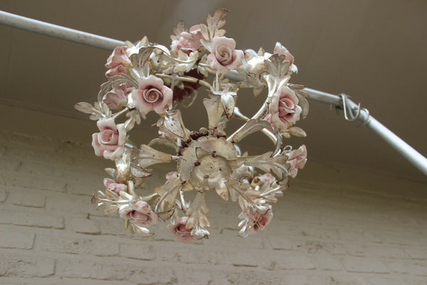 Vintage French cute metal silver gilt pink porcelain Flowers Chandelier 1970