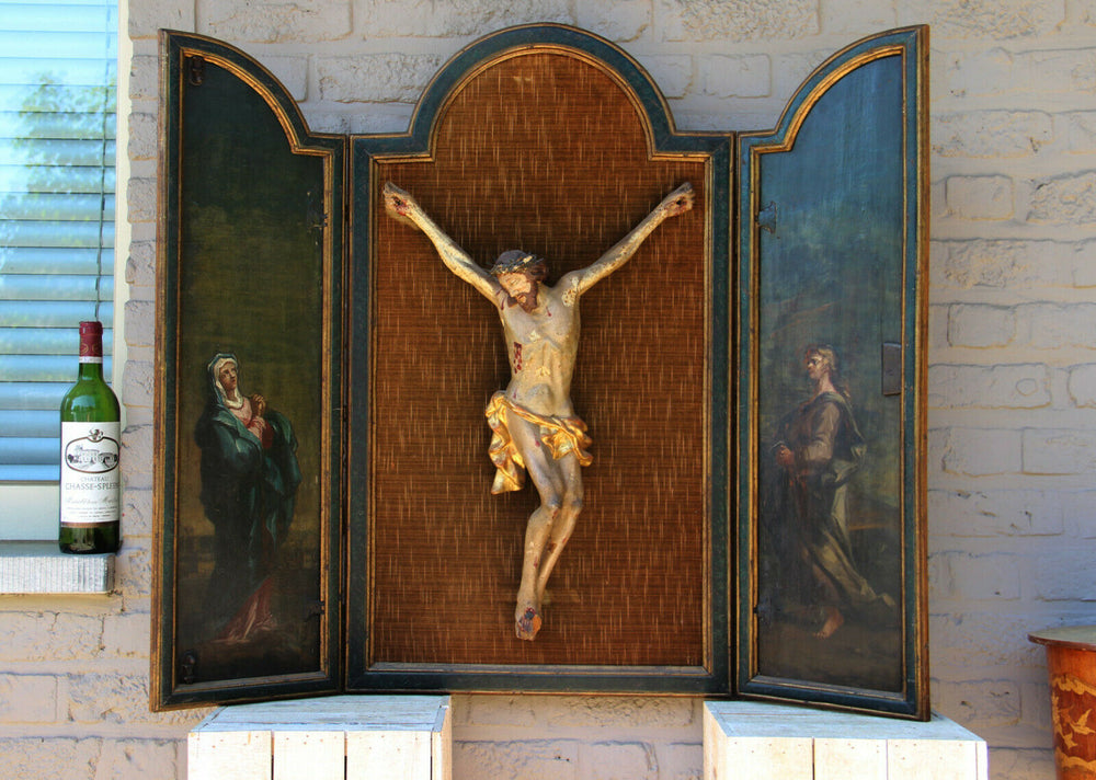 Antique rare religious XXL wall Triptych Wood carved christ oil panel paintings
